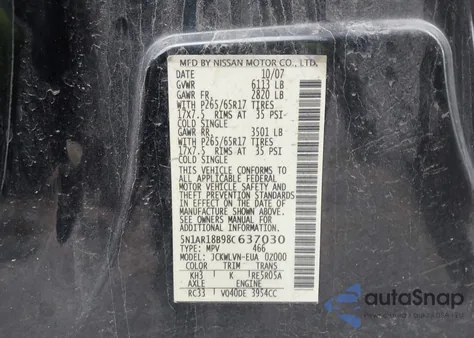 2008 Nissan Pathfinder Le из США, поврежденный, VIN 5N1AR18B98C637030